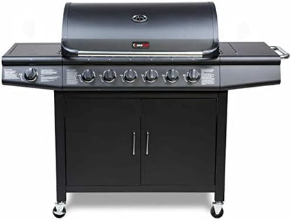 Gas BBQ Grill 7 Burner (6 Main + 1 Side Burner), Outdoor Barbecue with Steel Warming Rack, Temperature Gauge, Black