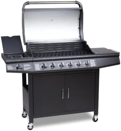 Gas BBQ Grill 7 Burner (6 Main + 1 Side Burner), Outdoor Barbecue with Warming Rack, Side Burner, Temperature Gauge, Weatherproof Cover, Black