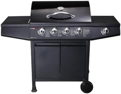 Gas BBQ Grill 5 Burner (4 Main + 1 Side Burner), Outdoor Barbecue with Steel Warming Rack, Storage Cabinet, Temperature Gauge