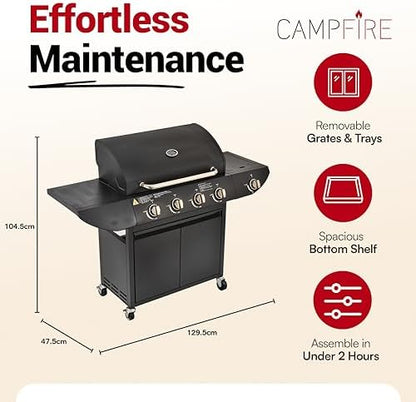 Gas BBQ Grill 5 Burner (4 Main + 1 Side Burner), Outdoor Barbecue with Steel Warming Rack, Storage Cabinet, Temperature Gauge