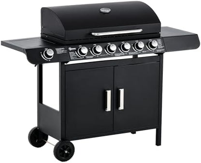 Gas BBQ Grill with 6 Main Burners and 1 Side Burner, Outdoor Barbecue Trolley, Warming Rack, Side Shelves, Storage Cabinet, Thermometer, Black