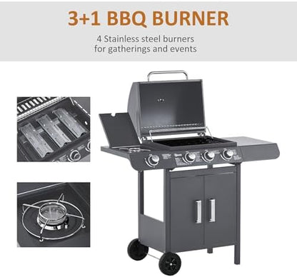 Gas BBQ Grill 3+1 Burner, Outdoor Barbecue with Wheels, Warming Rack, Side Shelves, Storage Cabinet, Temperature Gauge, 110 × 50 × 100 cm, Grey