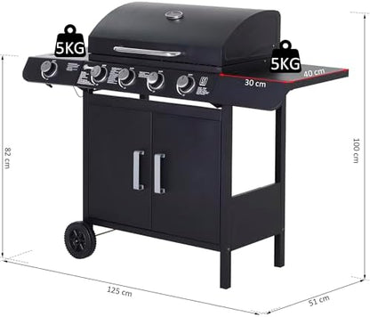 Gas BBQ Grill 4+1 Burner, Outdoor Barbecue with Wheels, Warming Rack, Side Shelves, Storage Cabinet, Temperature Gauge, 125 × 51 × 100 cm, Black
