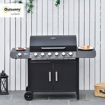 Gas BBQ Grill with 6 Main Burners and 1 Side Burner, Outdoor Barbecue Trolley, Warming Rack, Side Shelves, Storage Cabinet, Thermometer, Black