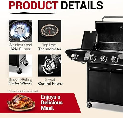 Gas BBQ Grill 5 Burner (4 Main + 1 Side Burner), Outdoor Barbecue with Steel Warming Rack, Storage Cabinet, Temperature Gauge
