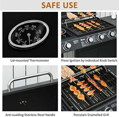 3+1 Burner Gas BBQ Grill, Outdoor Barbecue Trolley with Wheels, Warming Rack, Side Shelves, Storage Cabinet, Built-In Thermometer, for Garden