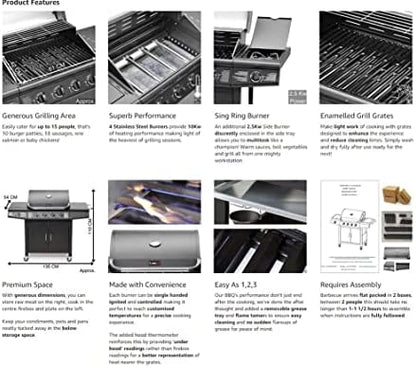 Gas BBQ Grill 5 Burner (4 Main + 1 Side Burner), Outdoor Barbecue with Steel Warming Rack, Temperature Gauge, for Garden & Outdoor Cooking