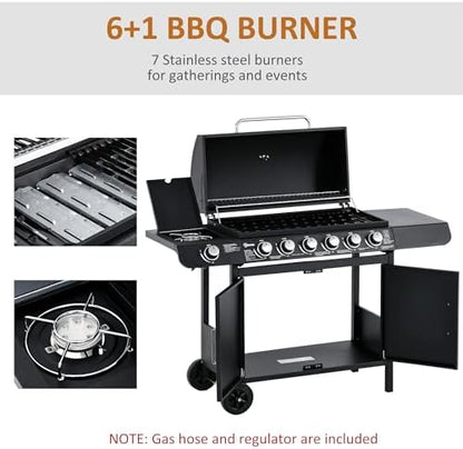 Gas BBQ Grill with 6 Main Burners and 1 Side Burner, Outdoor Barbecue Trolley, Warming Rack, Side Shelves, Storage Cabinet, Thermometer, Black