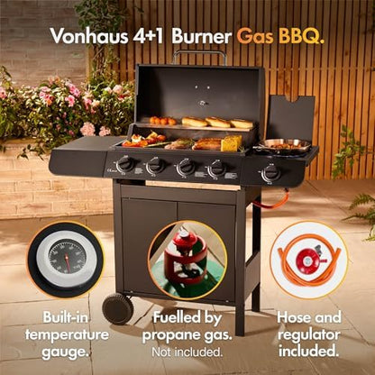4+1 Burner Gas BBQ Grill, Outdoor Barbecue with Warming Rack, Side Burner, Storage Cabinet, Temperature Gauge, Wheels, Gas Hose & Regulator