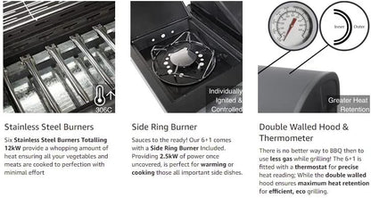 Gas BBQ Grill 7 Burner (6 Main + 1 Side Burner), Outdoor Barbecue with Steel Warming Rack, Temperature Gauge, Black
