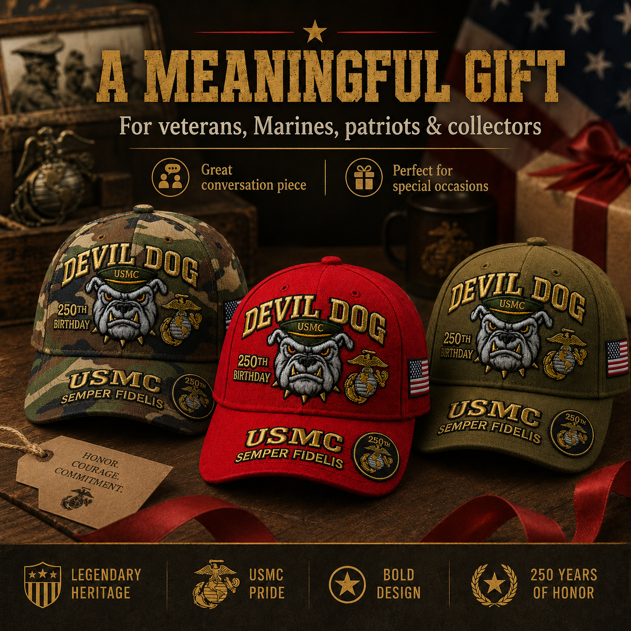 🔥 Father’s Day Sale - ❤️Handmade Devil Dog USMC 250th Birthday Commemorative Cap 🇺🇸