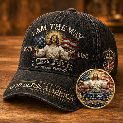 I Am The Way 1776–2026 Faith Heritage Cap 🎁 Free Double-Sided Honor Coin With Every Cap Purchase 🇺🇸
