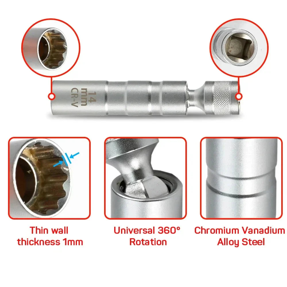 16mm With Magnetic Thin Wall Universal Joint Spark Plug Socket 12 Angle Flexible Socket Wrench Car Repair Tool